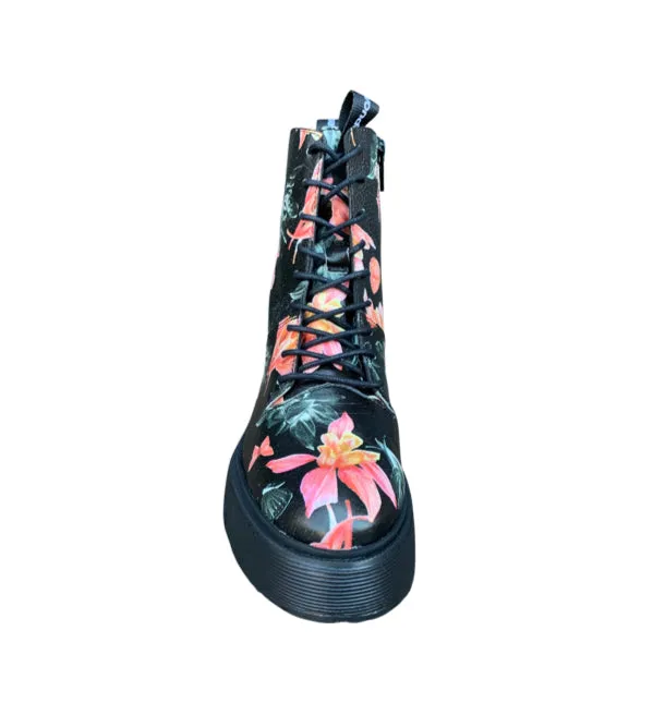 A9350 Floral Black Lace Up Combat Boot