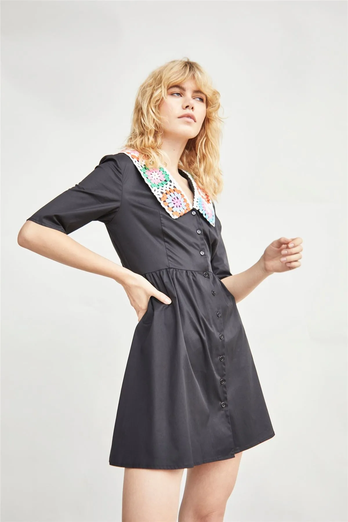 Black Crotchet Collar Mini Dress