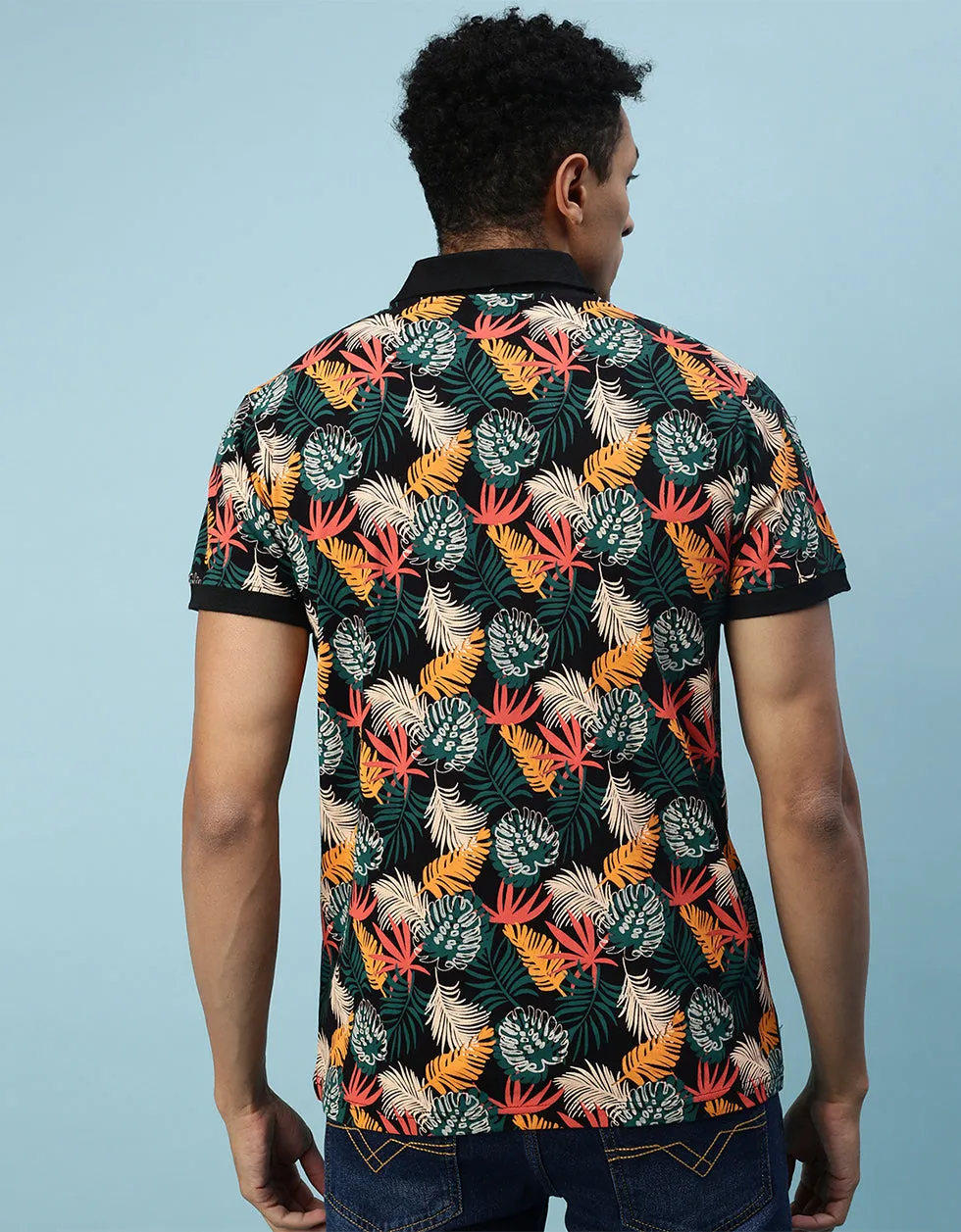 Black Leaf Printed All Over Floral Polo Tshirt