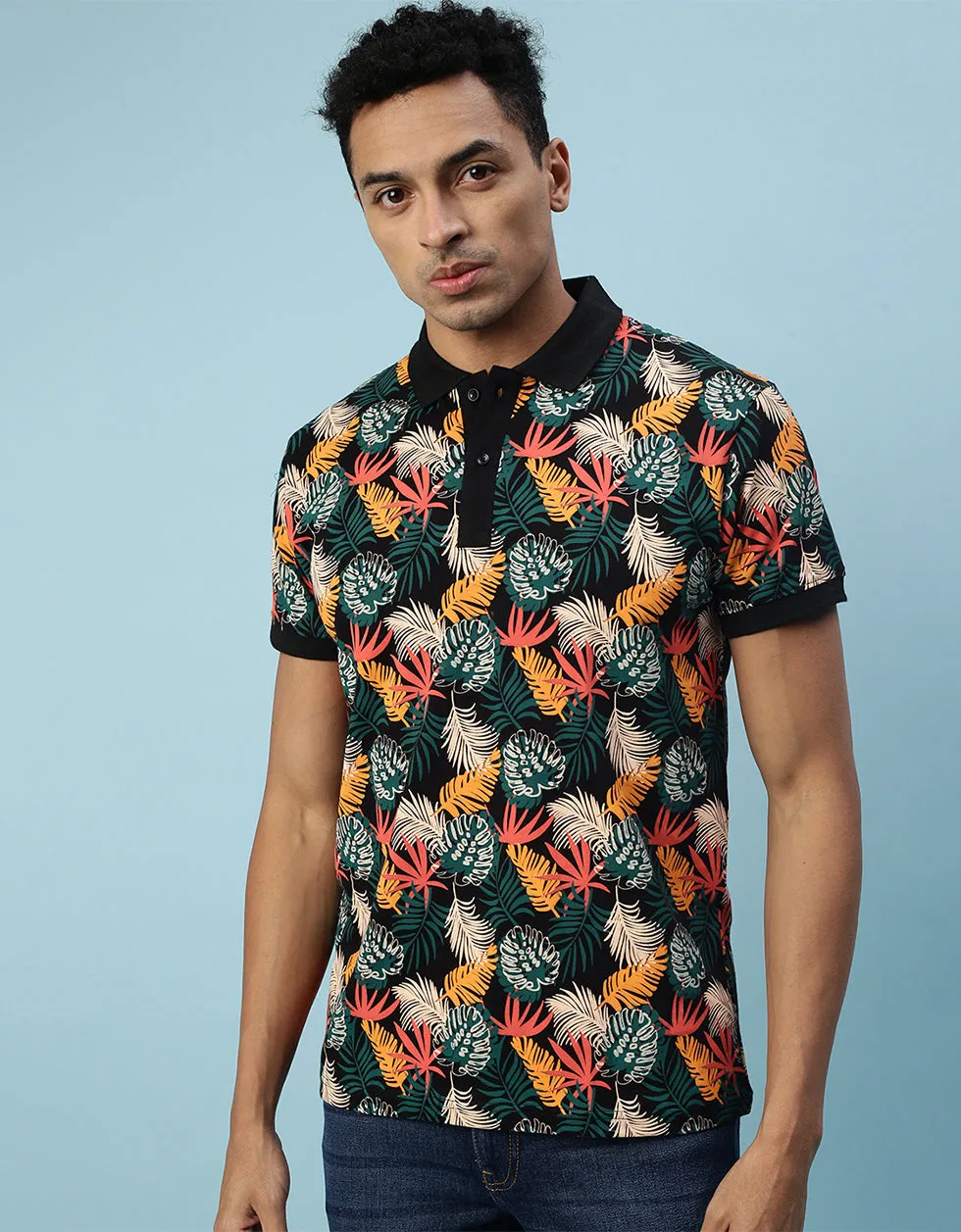 Black Leaf Printed All Over Floral Polo Tshirt