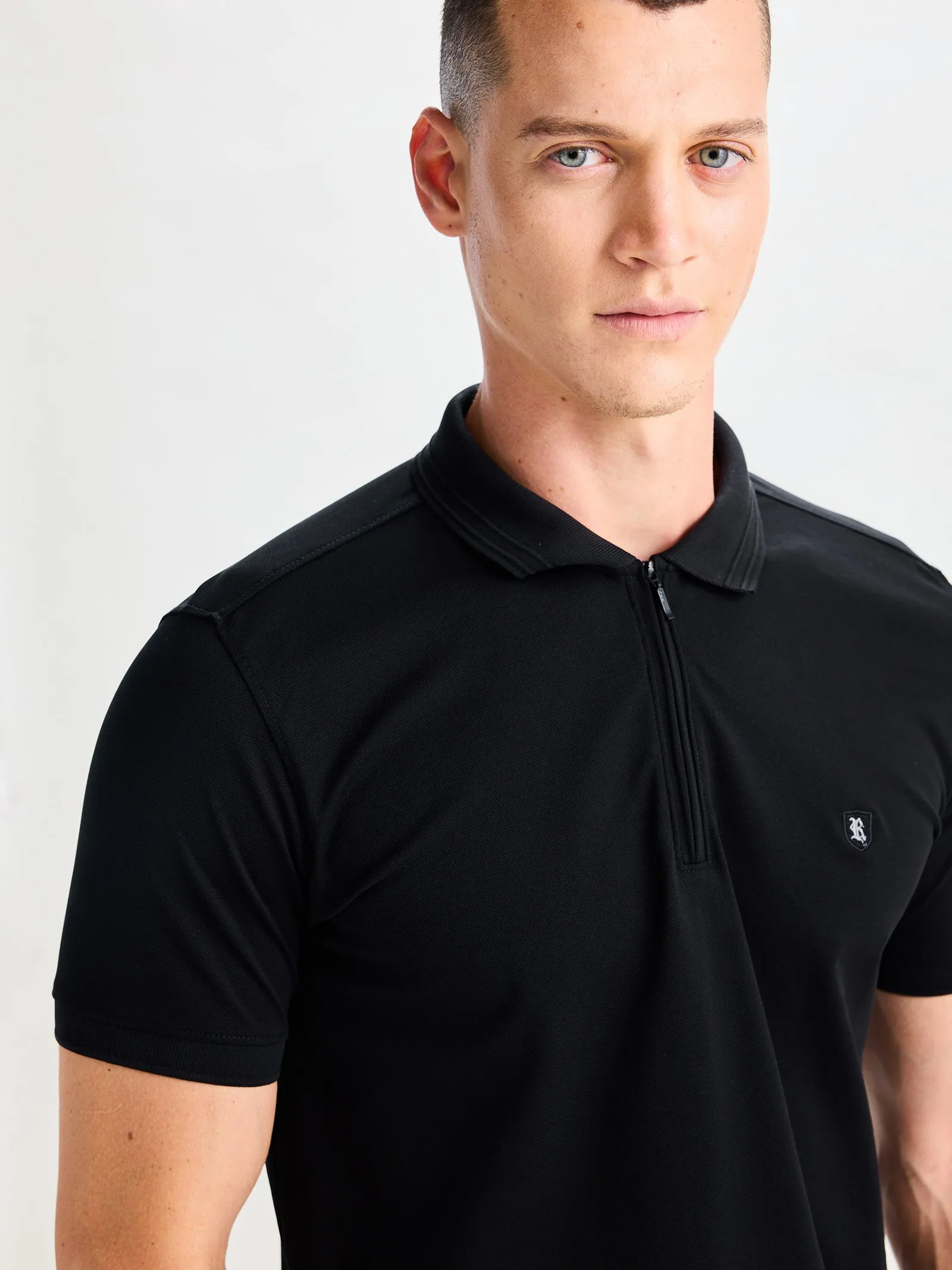 Black Mercerised Cotton Zip Polo T-Shirt