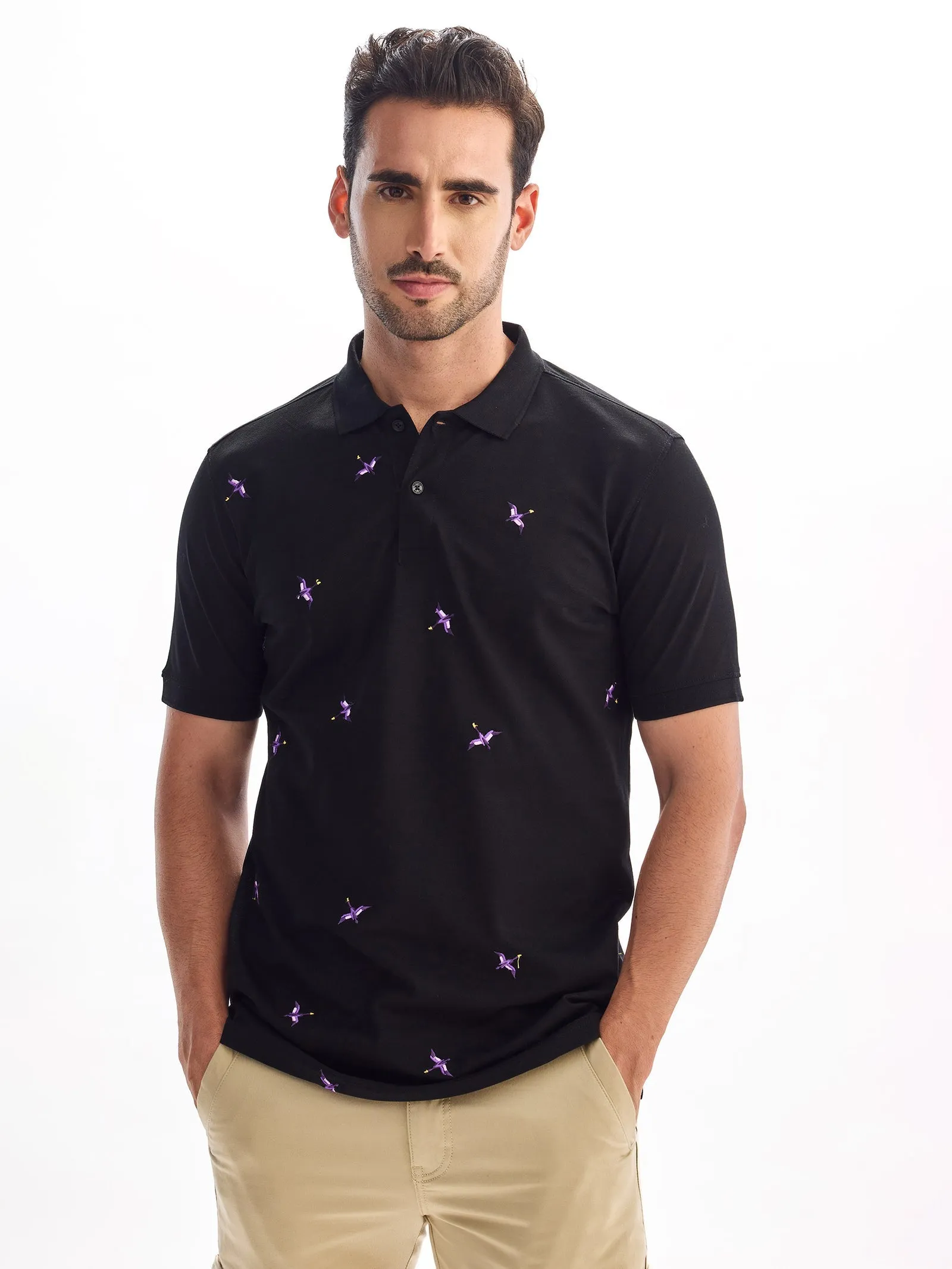 Black Printed Polo T-Shirt