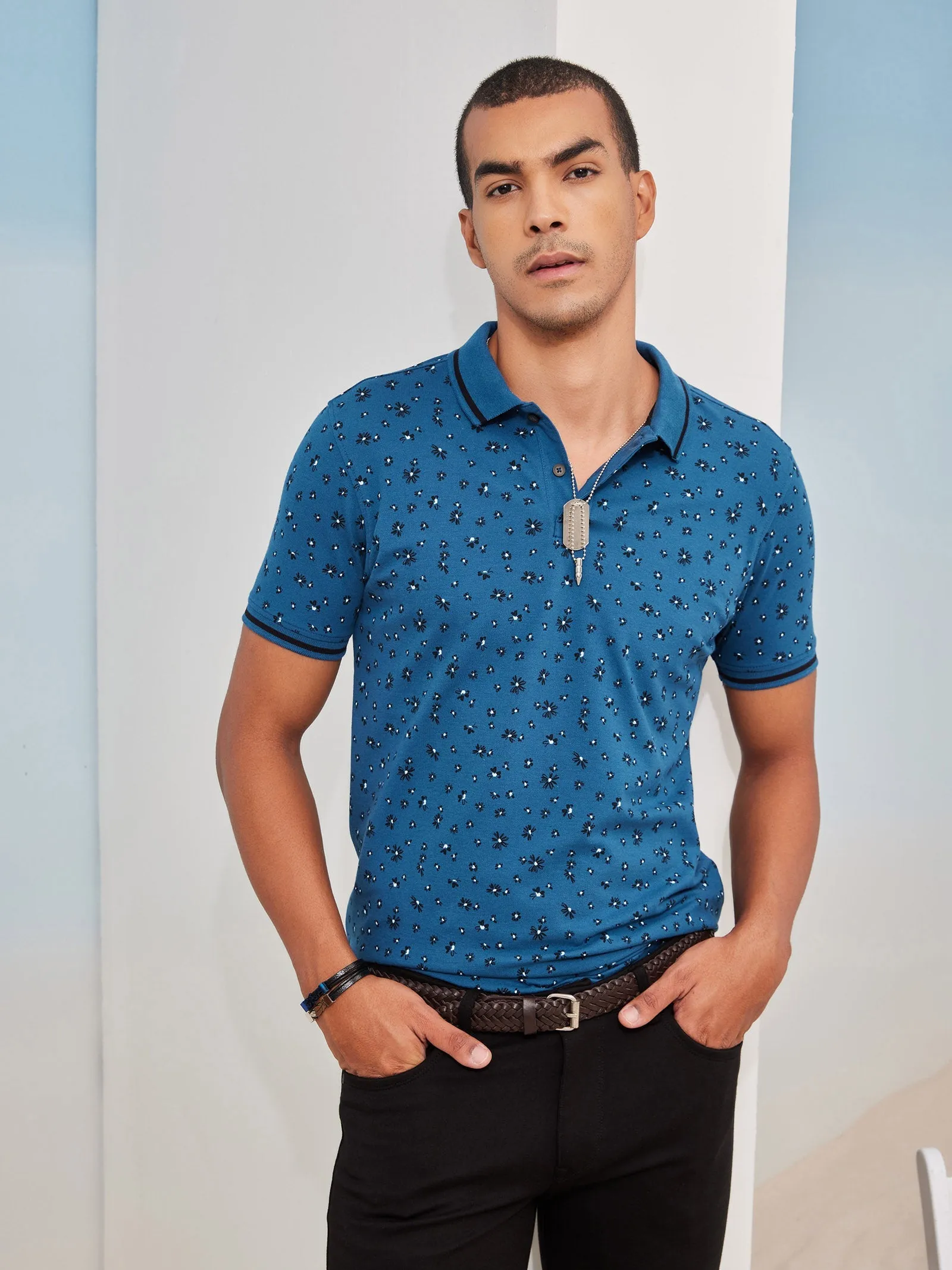 Blue Printed Stretch Polo T-Shirt