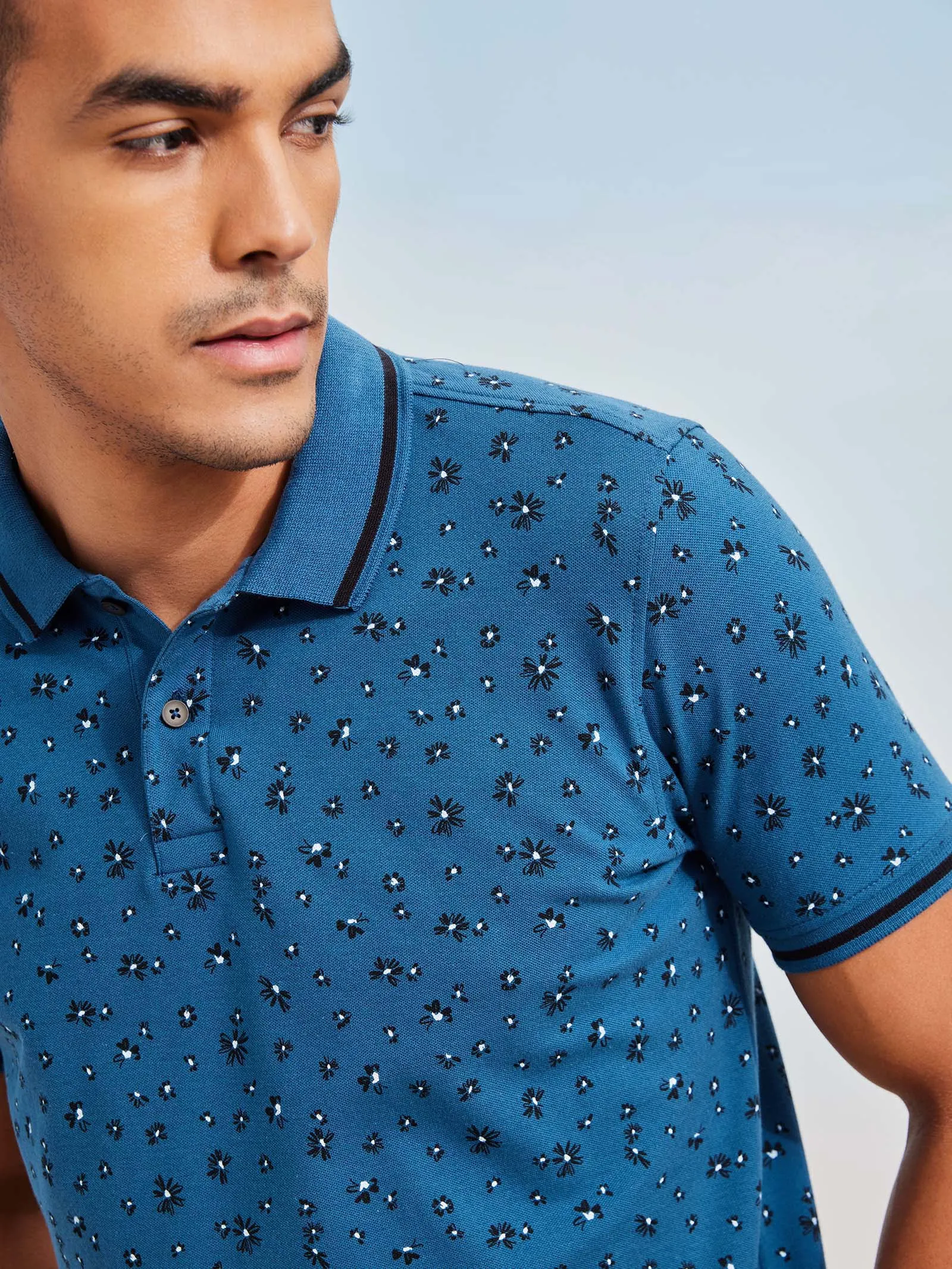 Blue Printed Stretch Polo T-Shirt