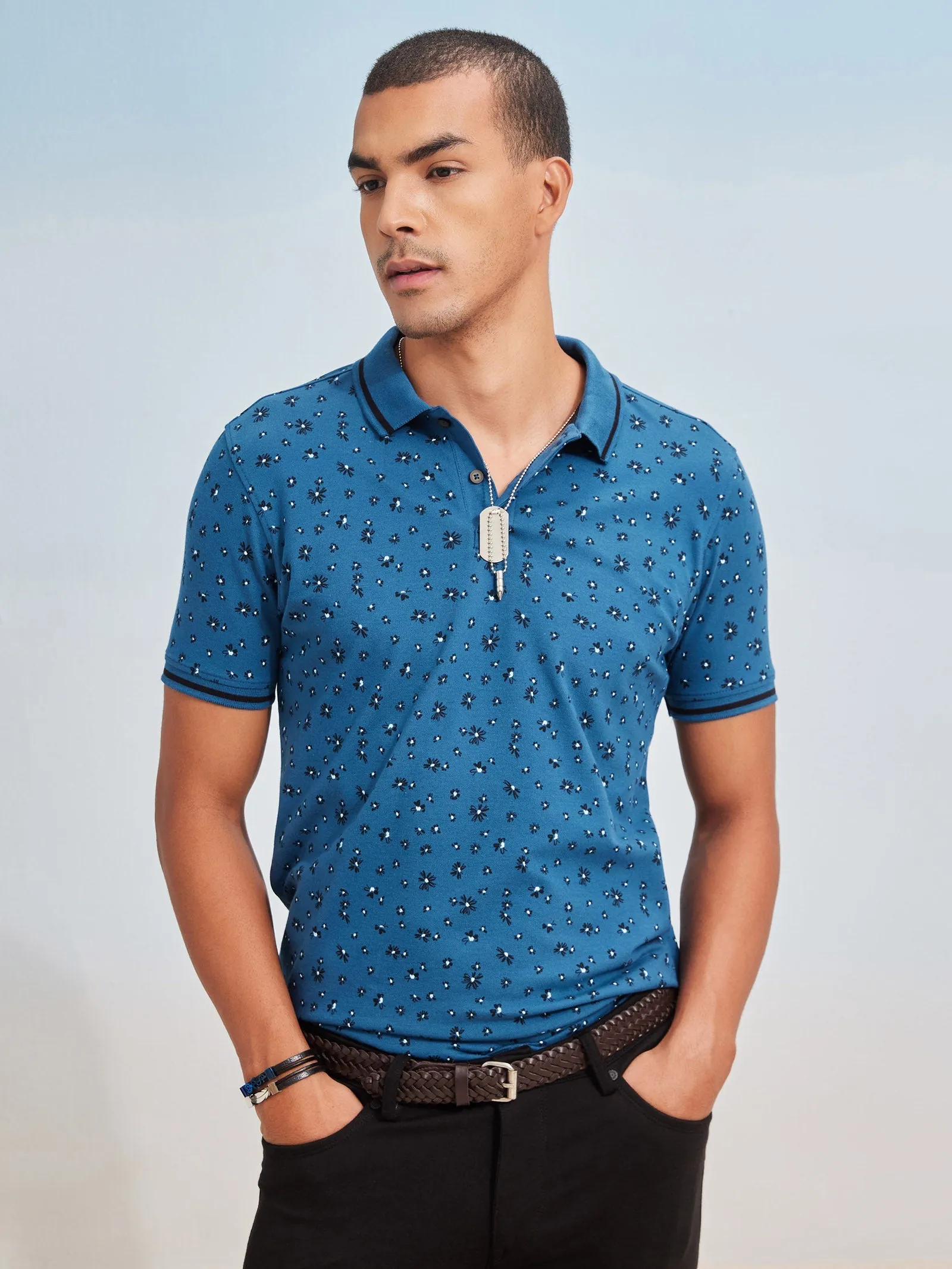 Blue Printed Stretch Polo T-Shirt