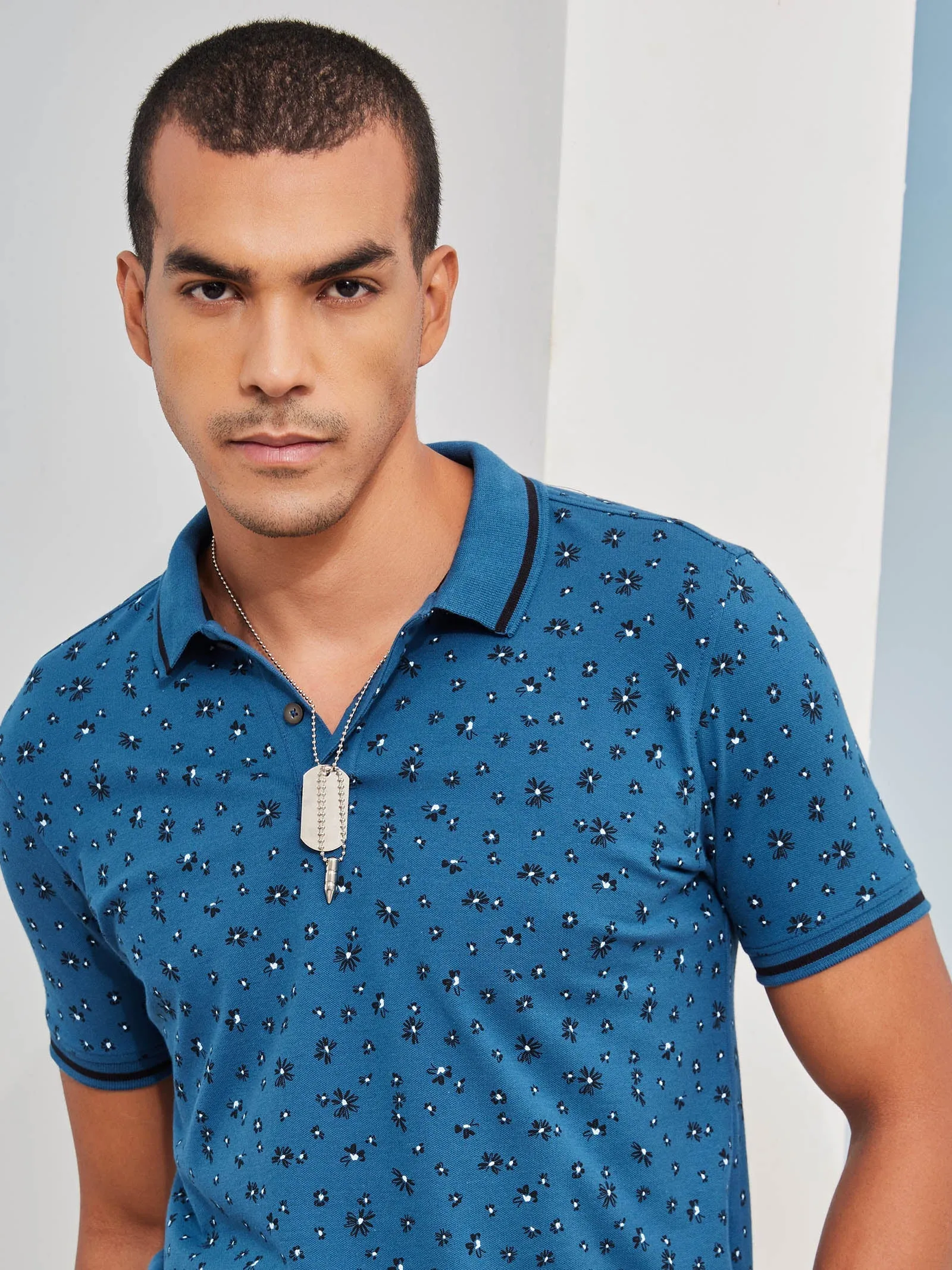 Blue Printed Stretch Polo T-Shirt