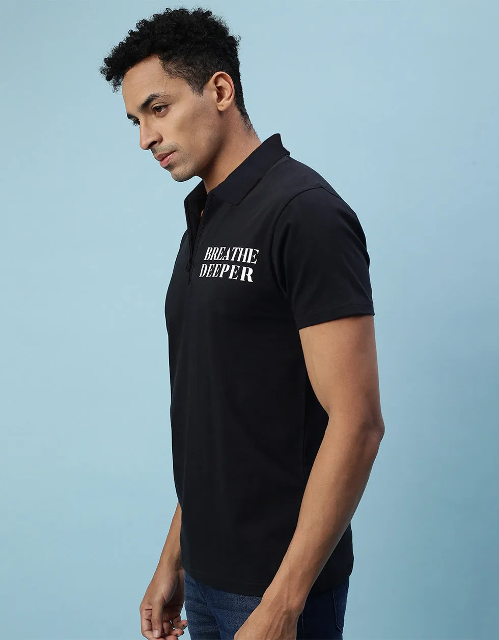 Breath Deeper Black Pocket Typographic Printed Polo Tshirt