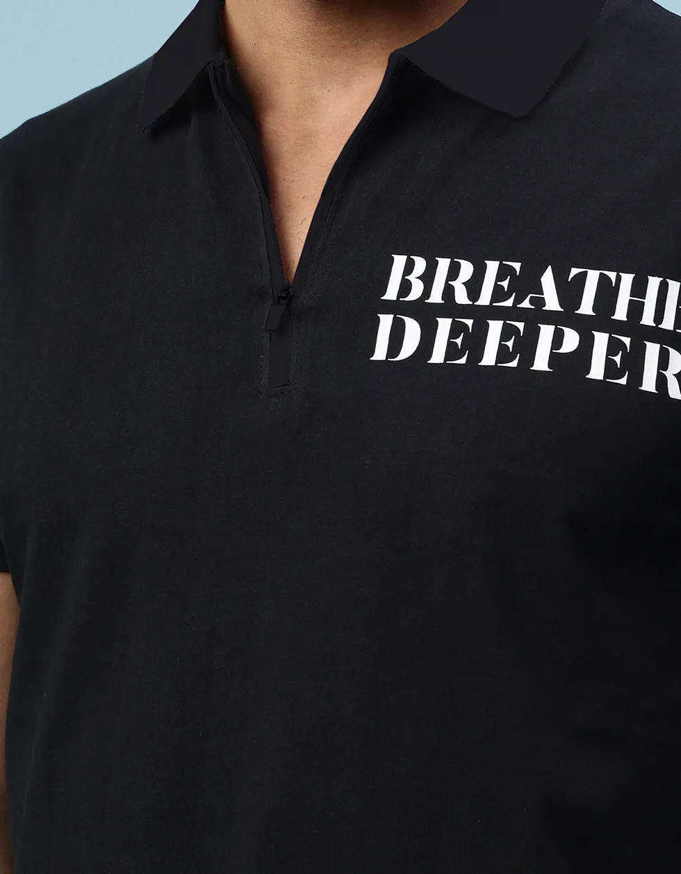 Breath Deeper Black Pocket Typographic Printed Polo Tshirt