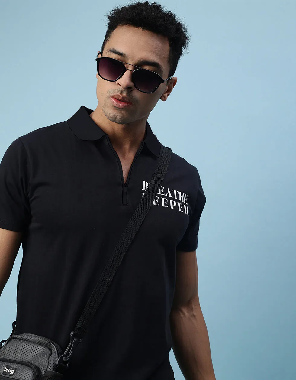 Breath Deeper Black Pocket Typographic Printed Polo Tshirt