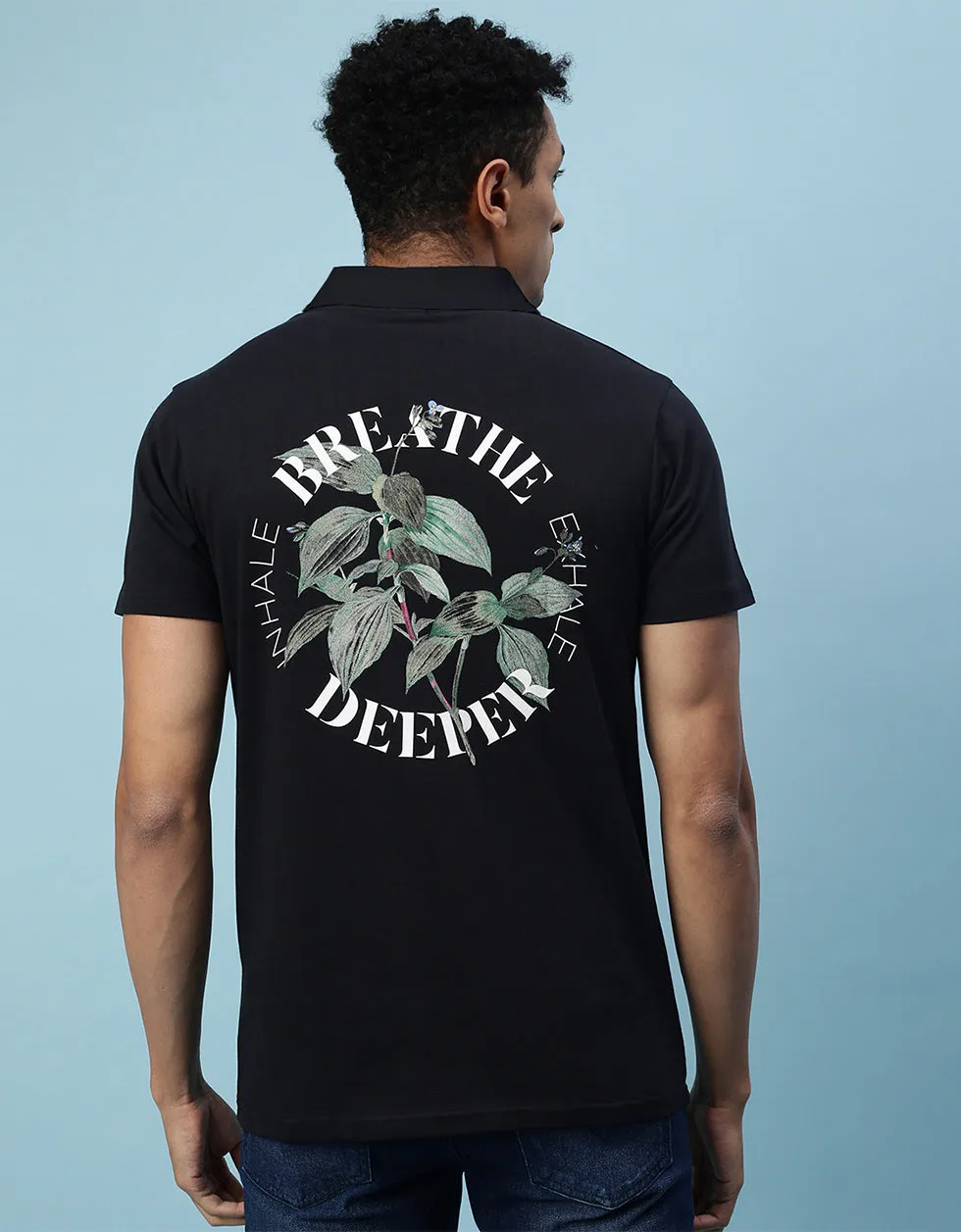 Breath Deeper Black Pocket Typographic Printed Polo Tshirt