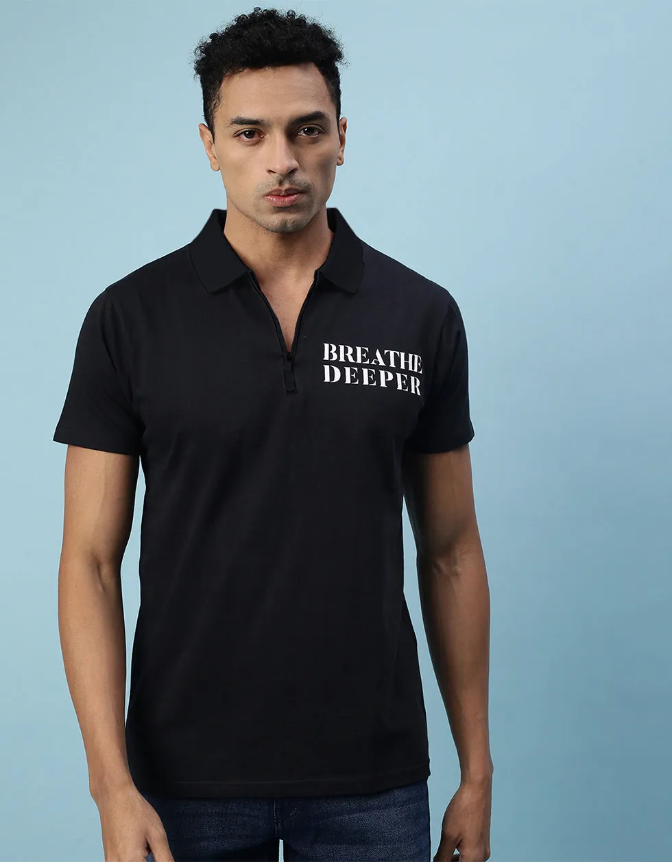 Breath Deeper Black Pocket Typographic Printed Polo Tshirt