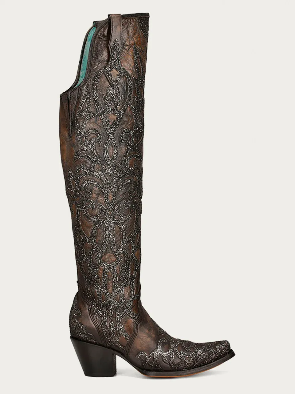 C3926 - WOMEN'S BLACK GLITTER OVERLAY EMBROIDERY AND STUDS BROWN TALL TOP SNIP TOE COWBOY BOOT