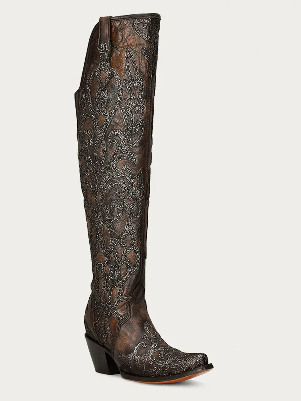 C3926 - WOMEN'S BLACK GLITTER OVERLAY EMBROIDERY AND STUDS BROWN TALL TOP SNIP TOE COWBOY BOOT