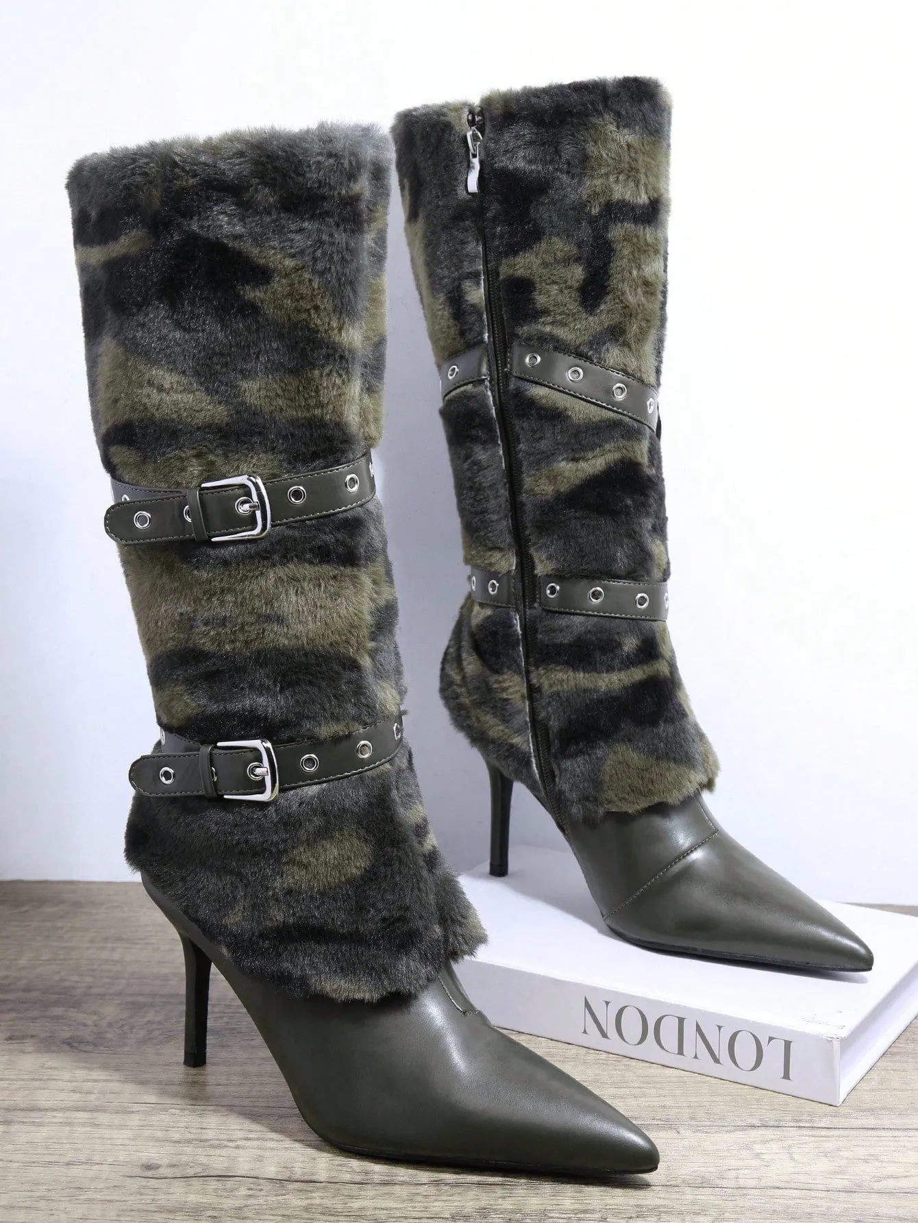 Camo Design Faux Fur Buckled Knee-High Boots