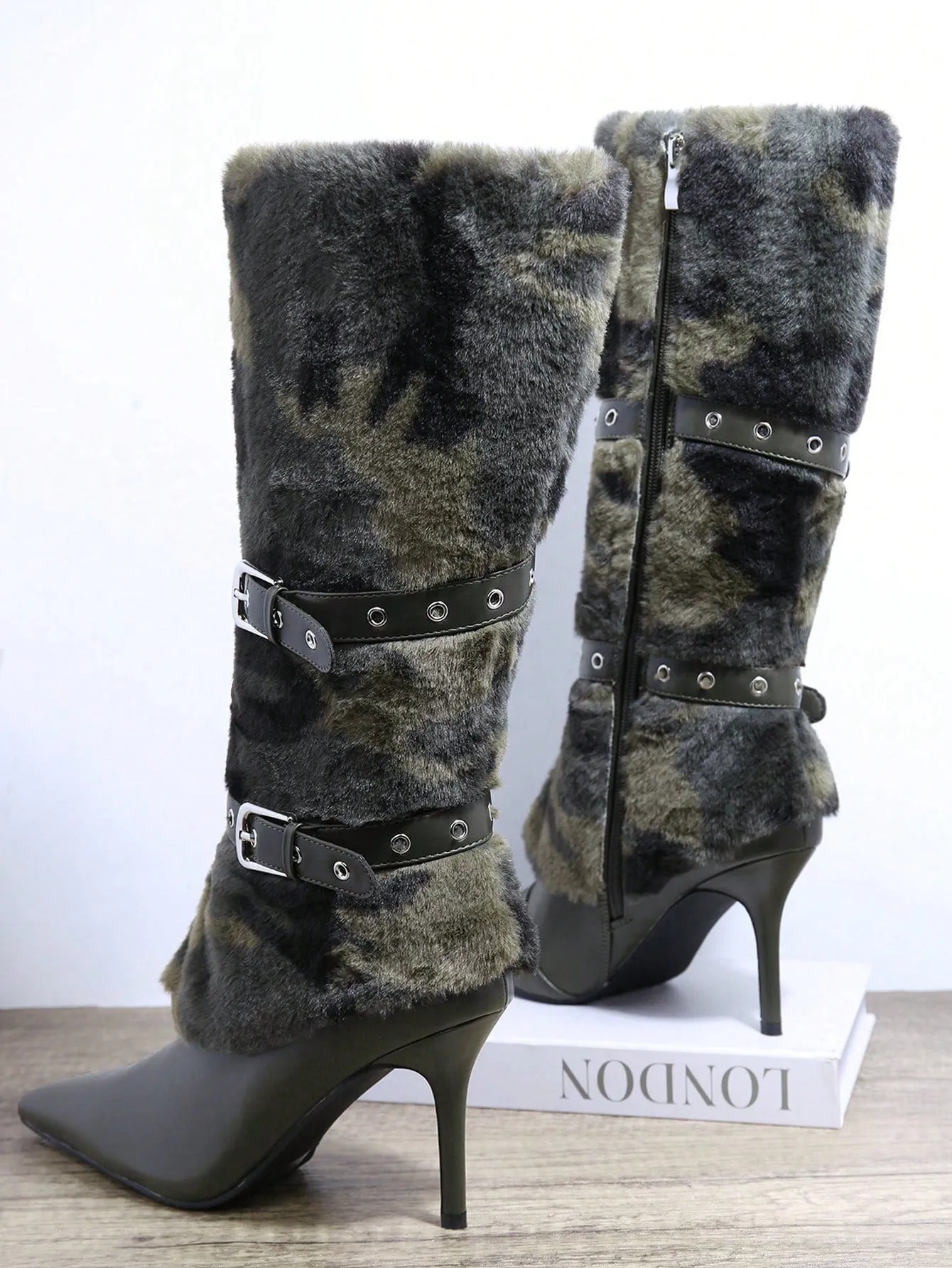 Camo Design Faux Fur Buckled Knee-High Boots