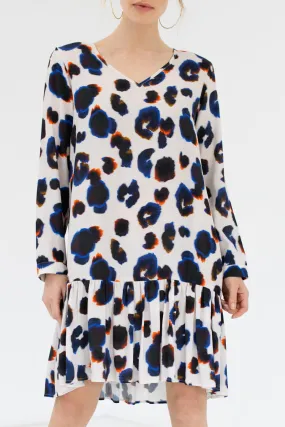 Carrie LS Bold Ivory Blue Camo Print Relaxed Dress