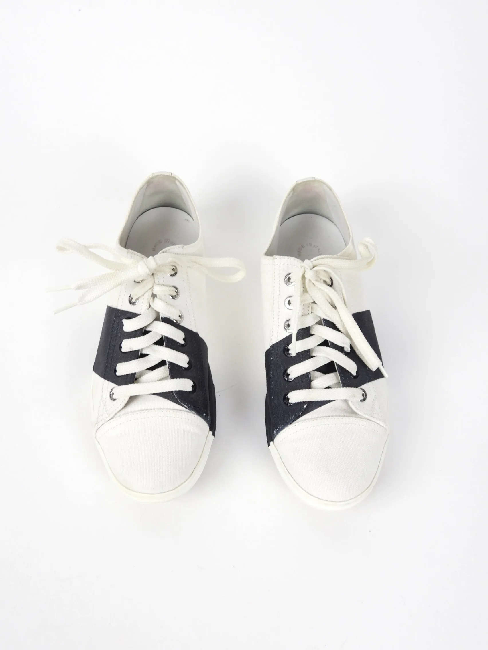 Chanel White and Black Stripe Canvas Flat Sneakers - 36