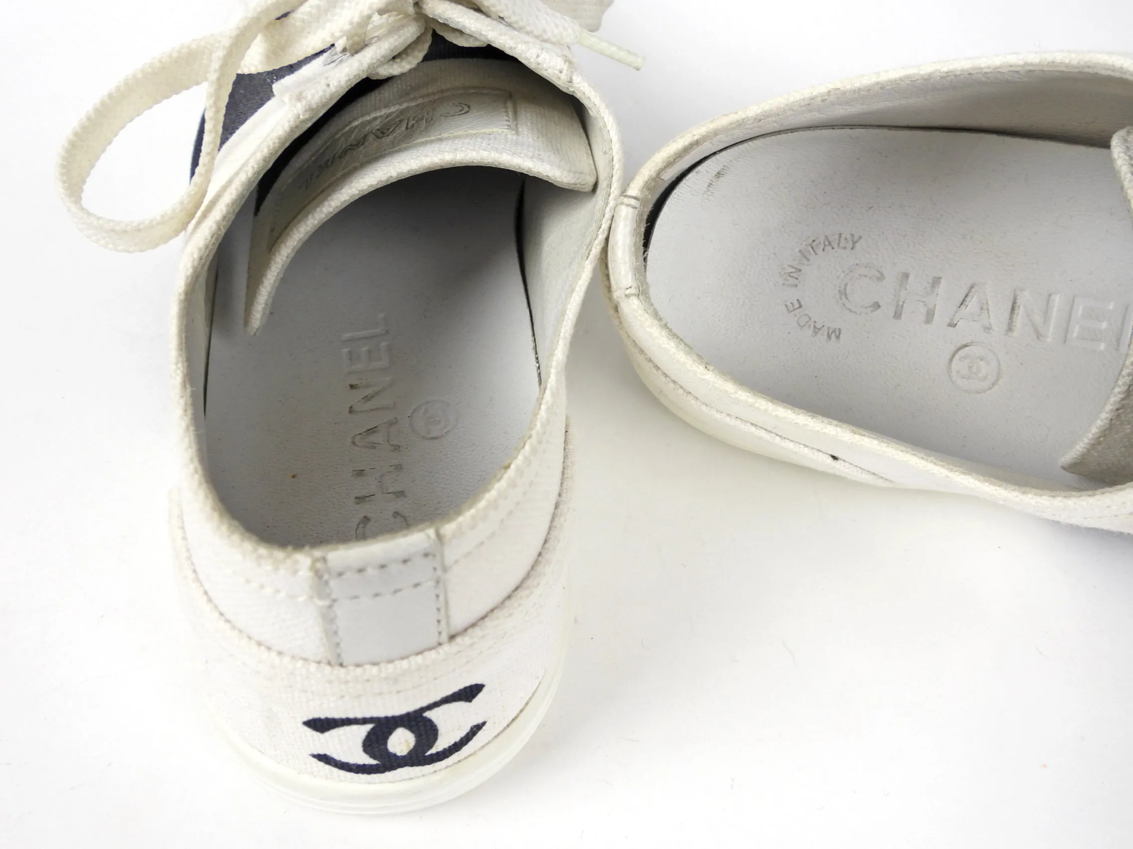 Chanel White and Black Stripe Canvas Flat Sneakers - 36