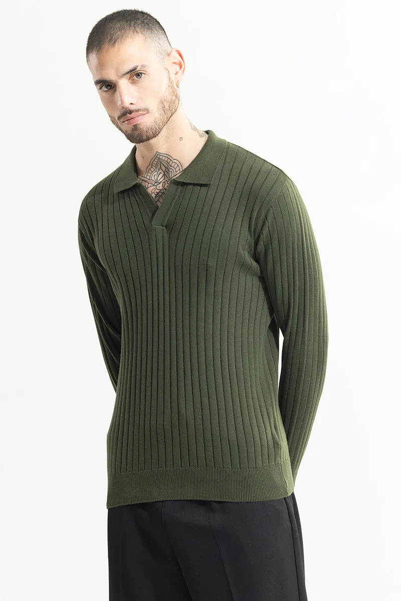 Chunky Ribbed Knitted Olive Polo T-Shirt