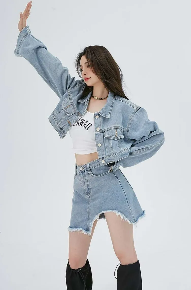 Cropped Denim Jacket and Distressed Hem Mini Skirt Two-Piece Set