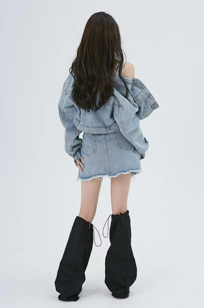 Cropped Denim Jacket and Distressed Hem Mini Skirt Two-Piece Set