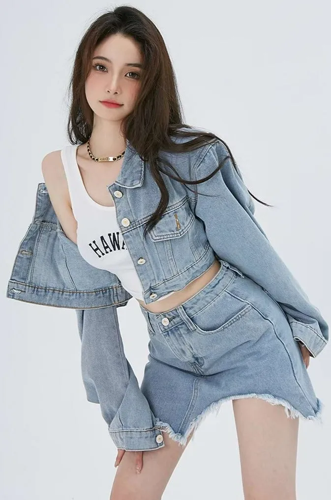 Cropped Denim Jacket and Distressed Hem Mini Skirt Two-Piece Set