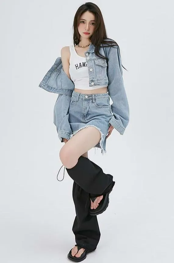 Cropped Denim Jacket and Distressed Hem Mini Skirt Two-Piece Set