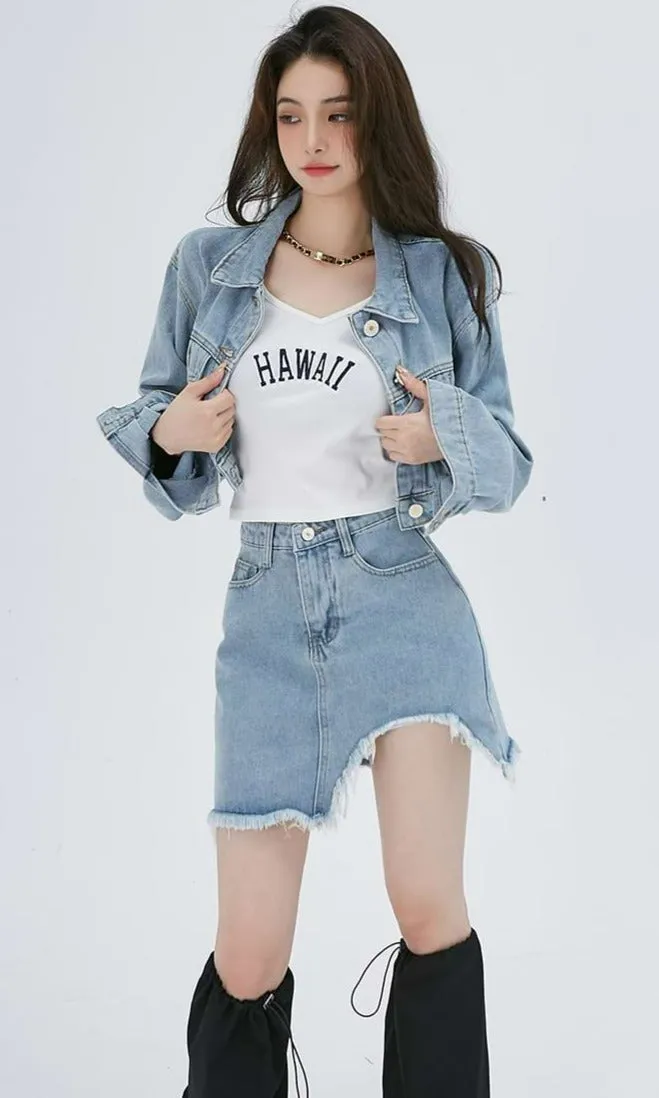 Cropped Denim Jacket and Distressed Hem Mini Skirt Two-Piece Set