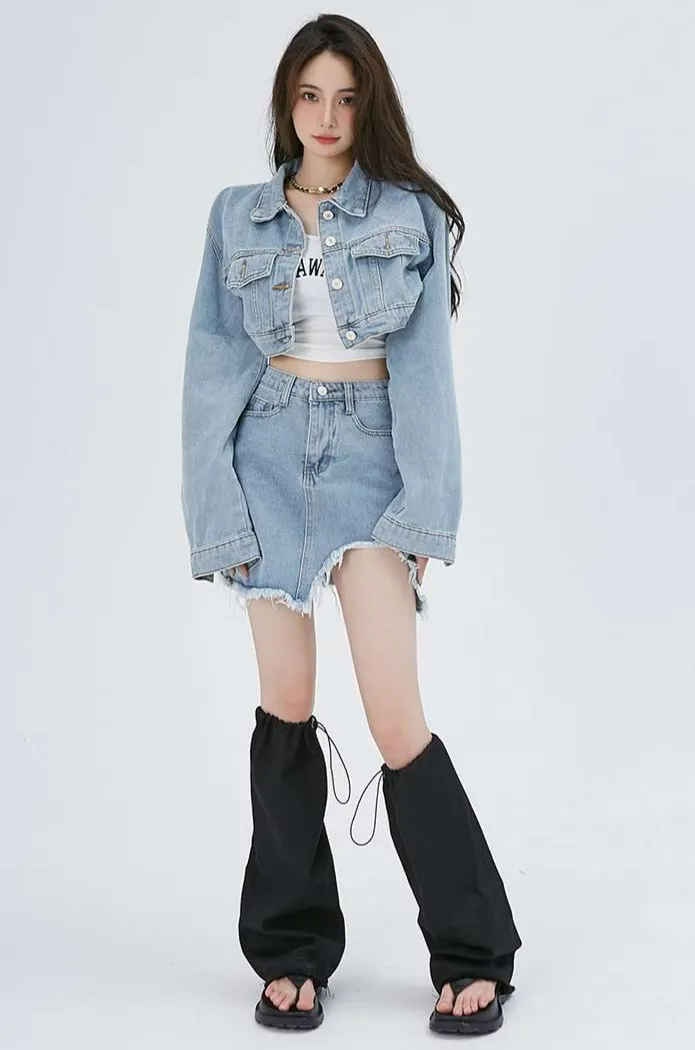 Cropped Denim Jacket and Distressed Hem Mini Skirt Two-Piece Set