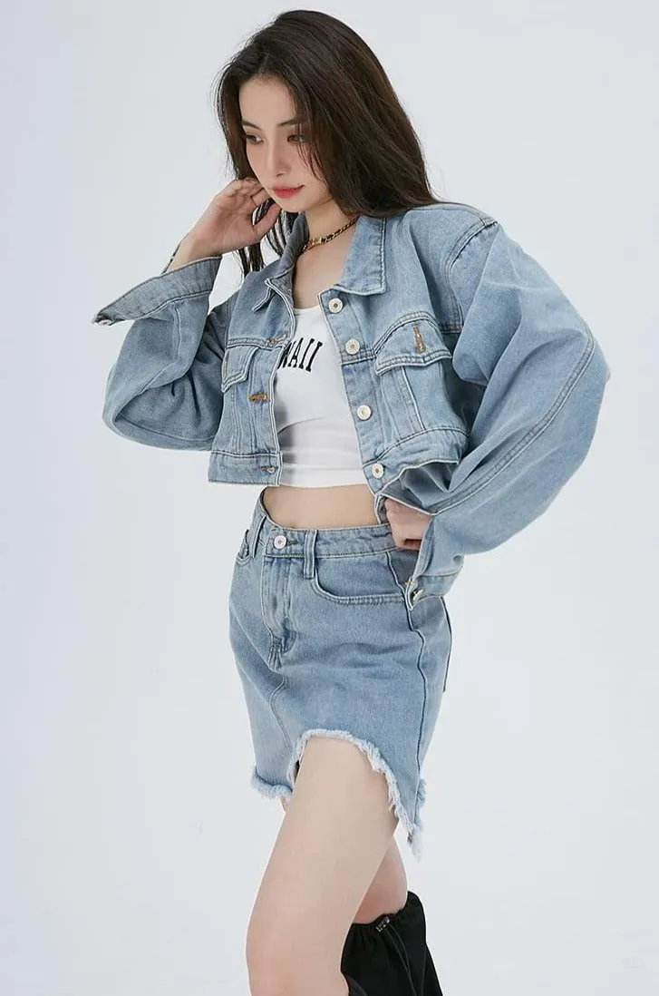 Cropped Denim Jacket and Distressed Hem Mini Skirt Two-Piece Set