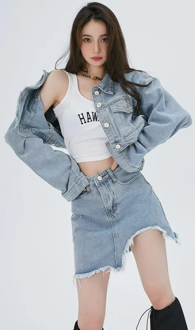 Cropped Denim Jacket and Distressed Hem Mini Skirt Two-Piece Set