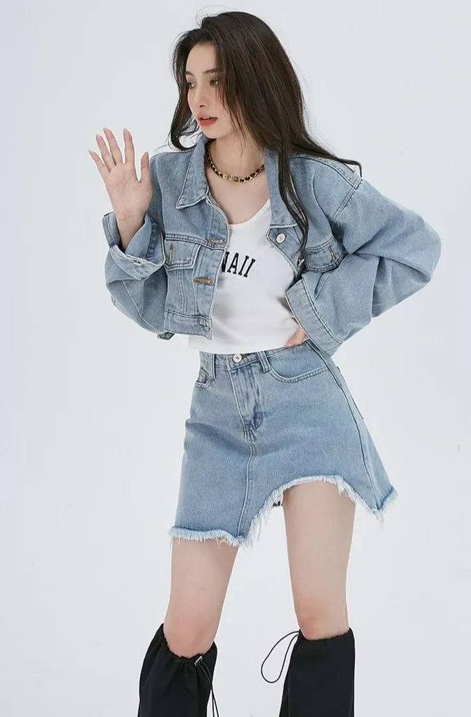 Cropped Denim Jacket and Distressed Hem Mini Skirt Two-Piece Set