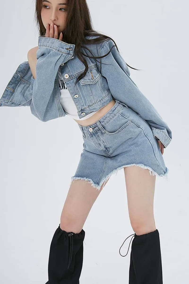 Cropped Denim Jacket and Distressed Hem Mini Skirt Two-Piece Set