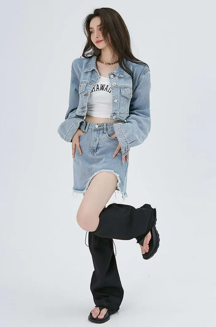 Cropped Denim Jacket and Distressed Hem Mini Skirt Two-Piece Set