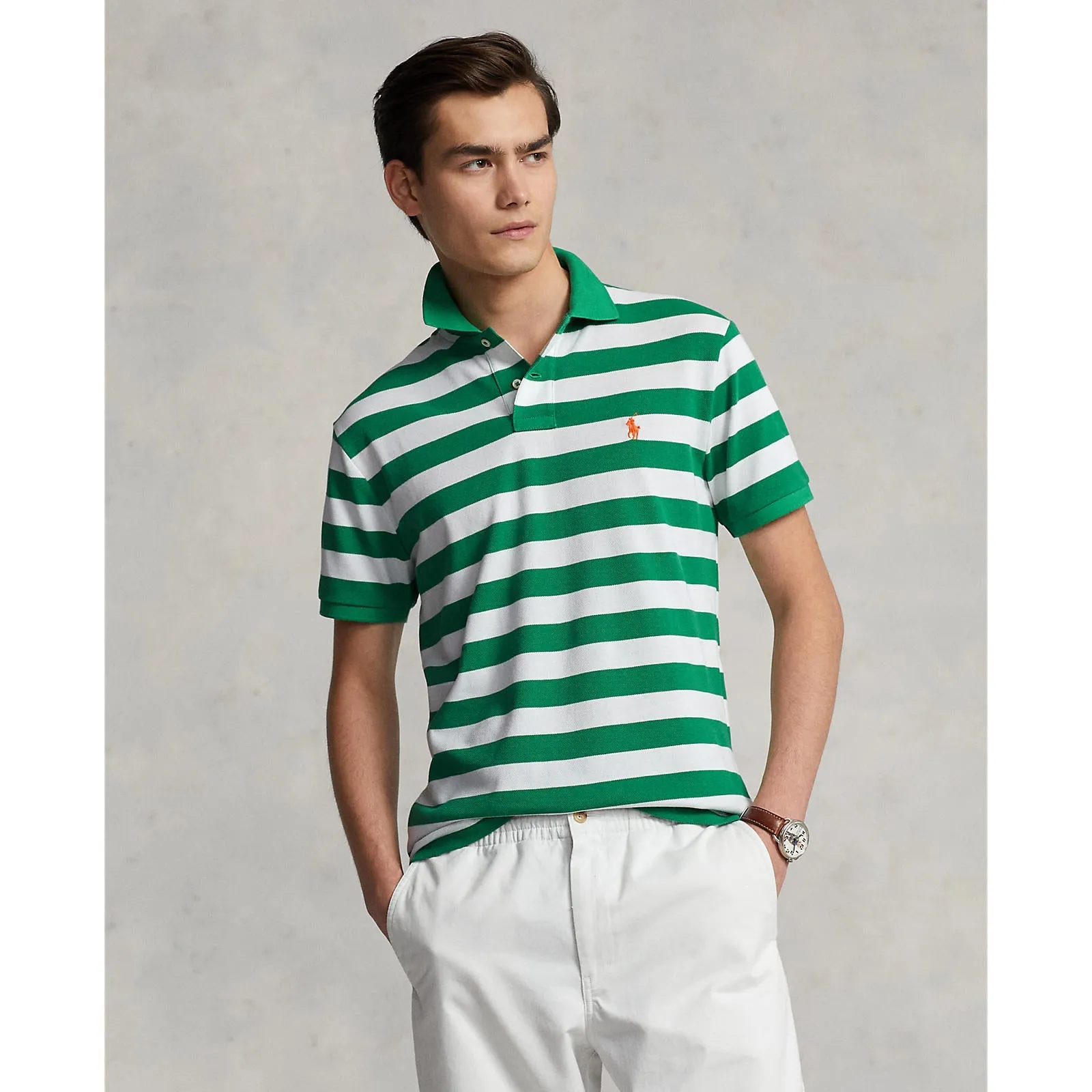 Custom Fit Mesh Polo -  Stripe - Lifeboat Green & White