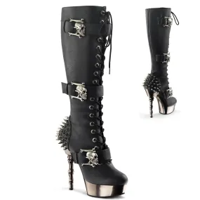 Demonia MUERTO-2028 | Black V. Leather & Chrome Knee High Boots