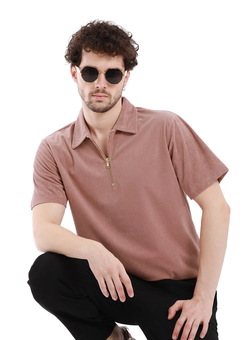 Dusky Pink Zip polo T-shirt