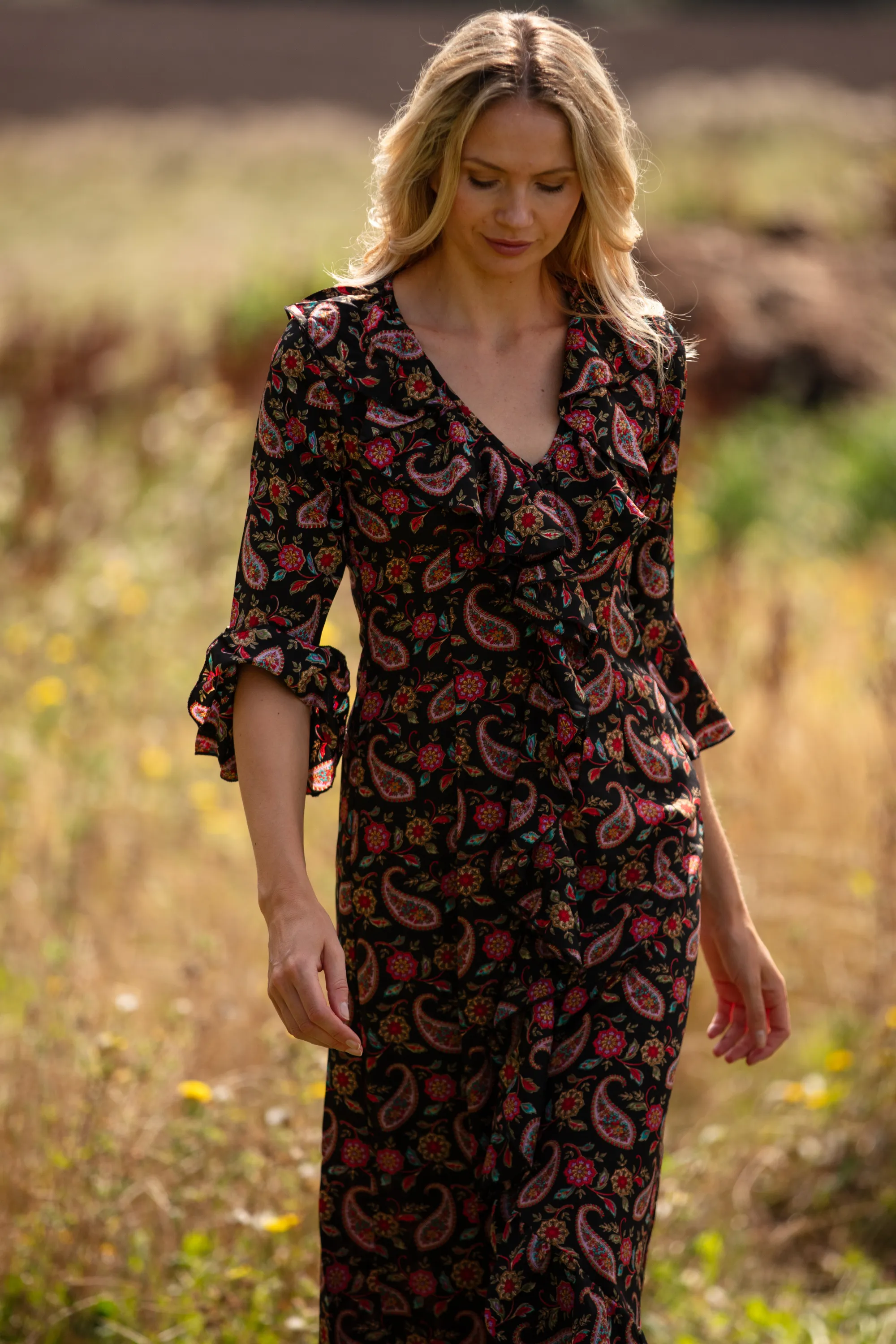 Felicity Midi Dress in Black Paisley