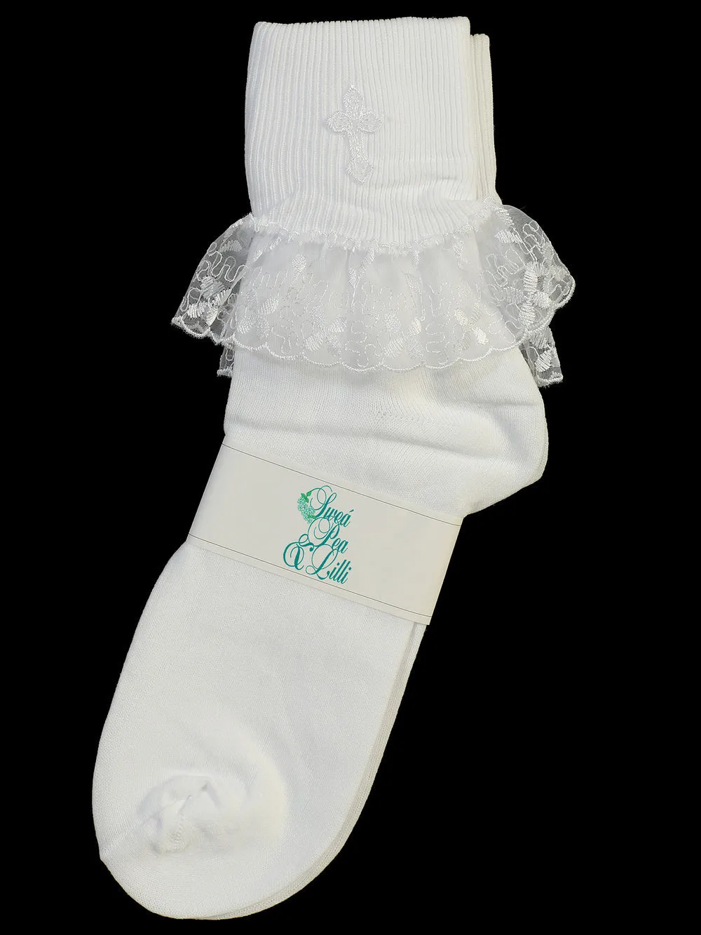 Girls Socks with Embroidered Cross and Lace Trim