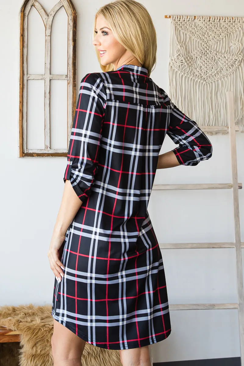 Haute Edition Women's 3/4 Plaid Roll-Tab Sleeve Shirt Dress