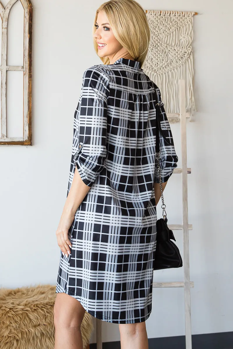 Haute Edition Women's 3/4 Plaid Roll-Tab Sleeve Shirt Dress