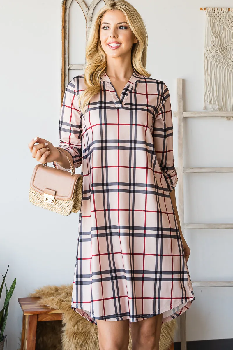 Haute Edition Women's 3/4 Plaid Roll-Tab Sleeve Shirt Dress