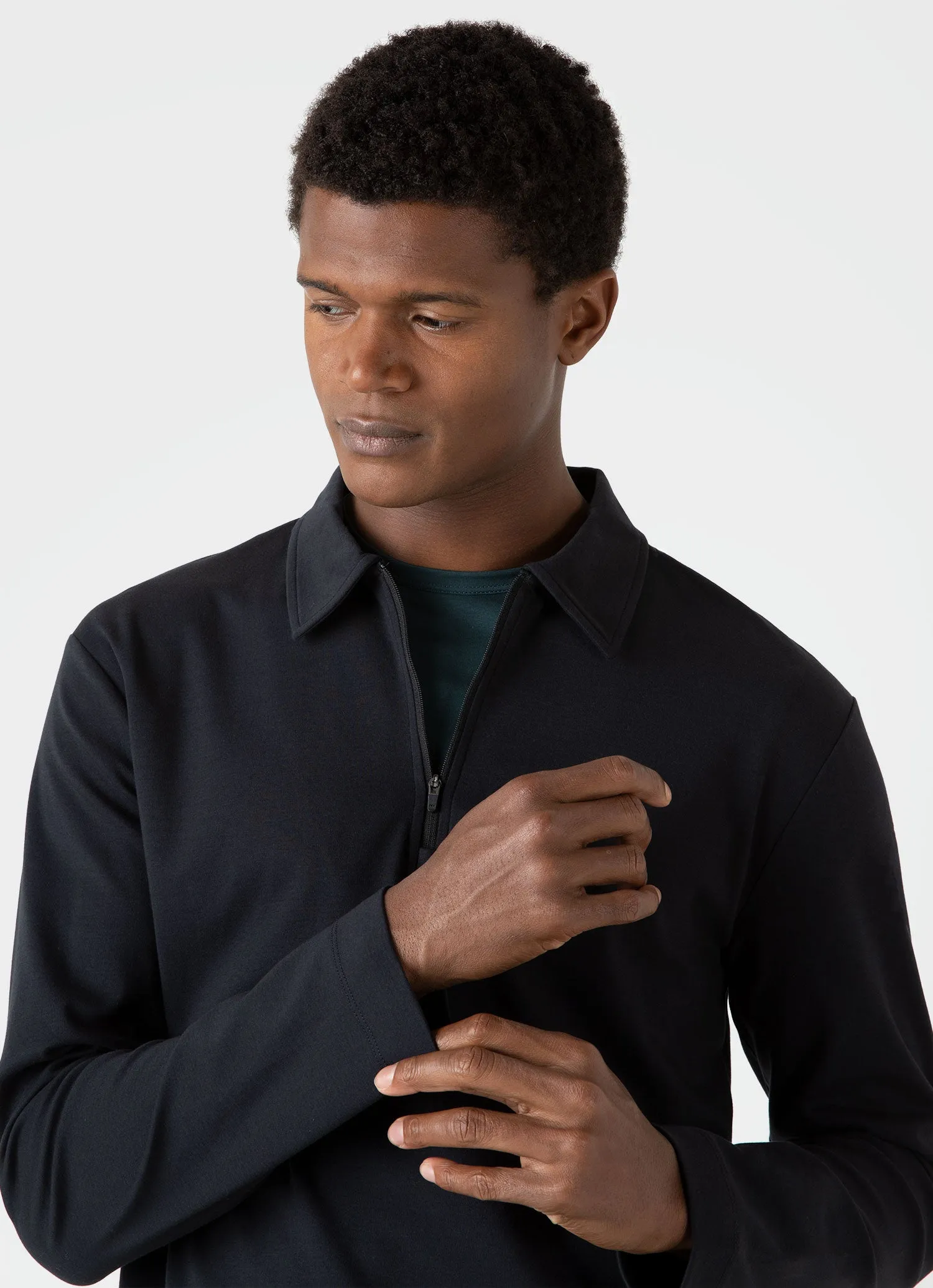 Men's Brushed Cotton Long Sleeve Polo Shirt in Black