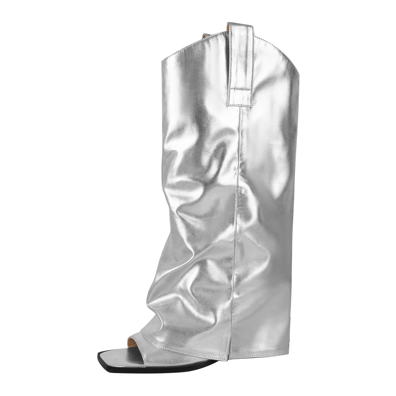 Metallic Square Toe Wedge Heel Fold Over Sandal Boots