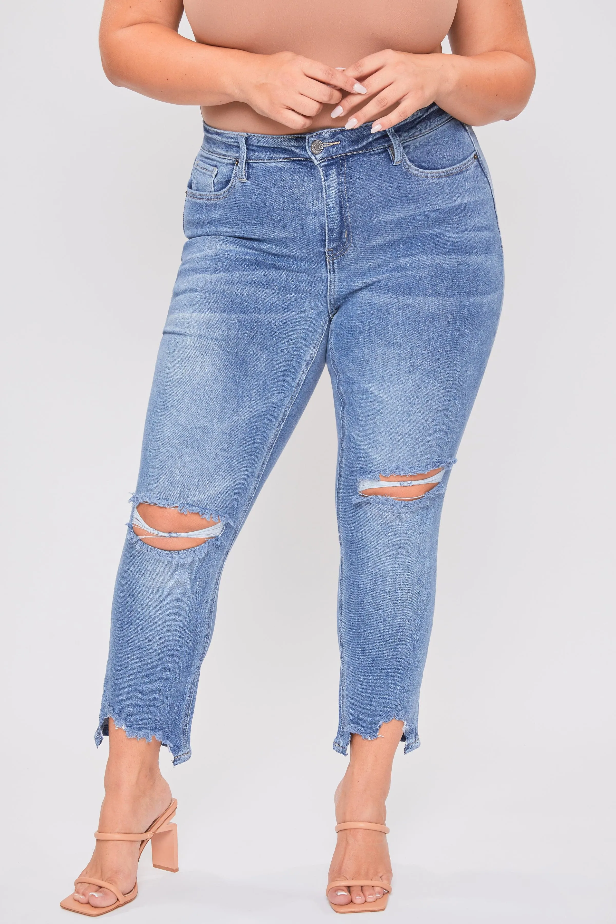 Plus Size Women's Dream Slim Straight Ankle Jeans With Hem Destruction