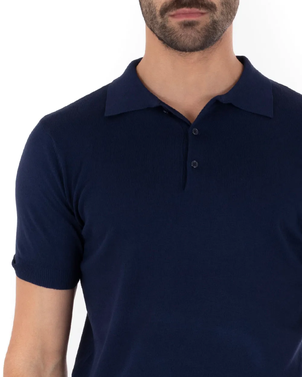 Polo Filo Uomo T-Shirt Manica Corta Con Colletto Bottoni Tinta Unita Blu Casual GIOSAL-TS2629A