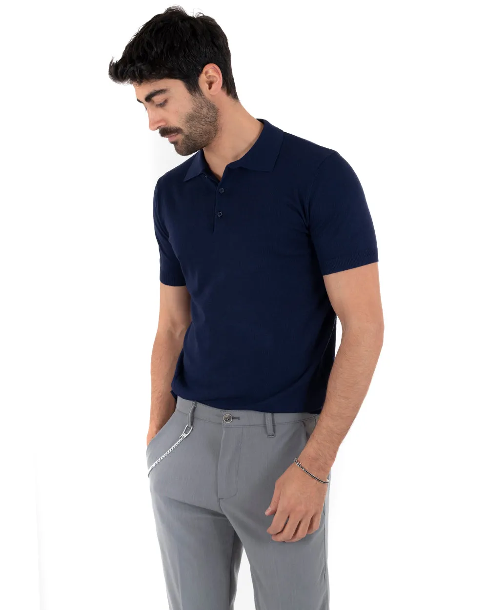 Polo Filo Uomo T-Shirt Manica Corta Con Colletto Bottoni Tinta Unita Blu Casual GIOSAL-TS2629A