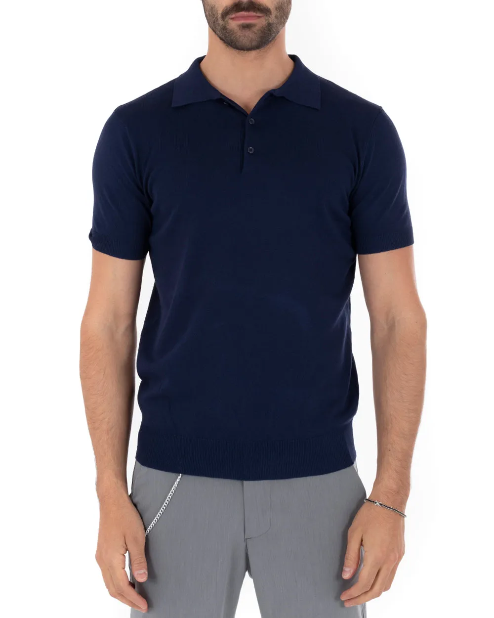 Polo Filo Uomo T-Shirt Manica Corta Con Colletto Bottoni Tinta Unita Blu Casual GIOSAL-TS2629A