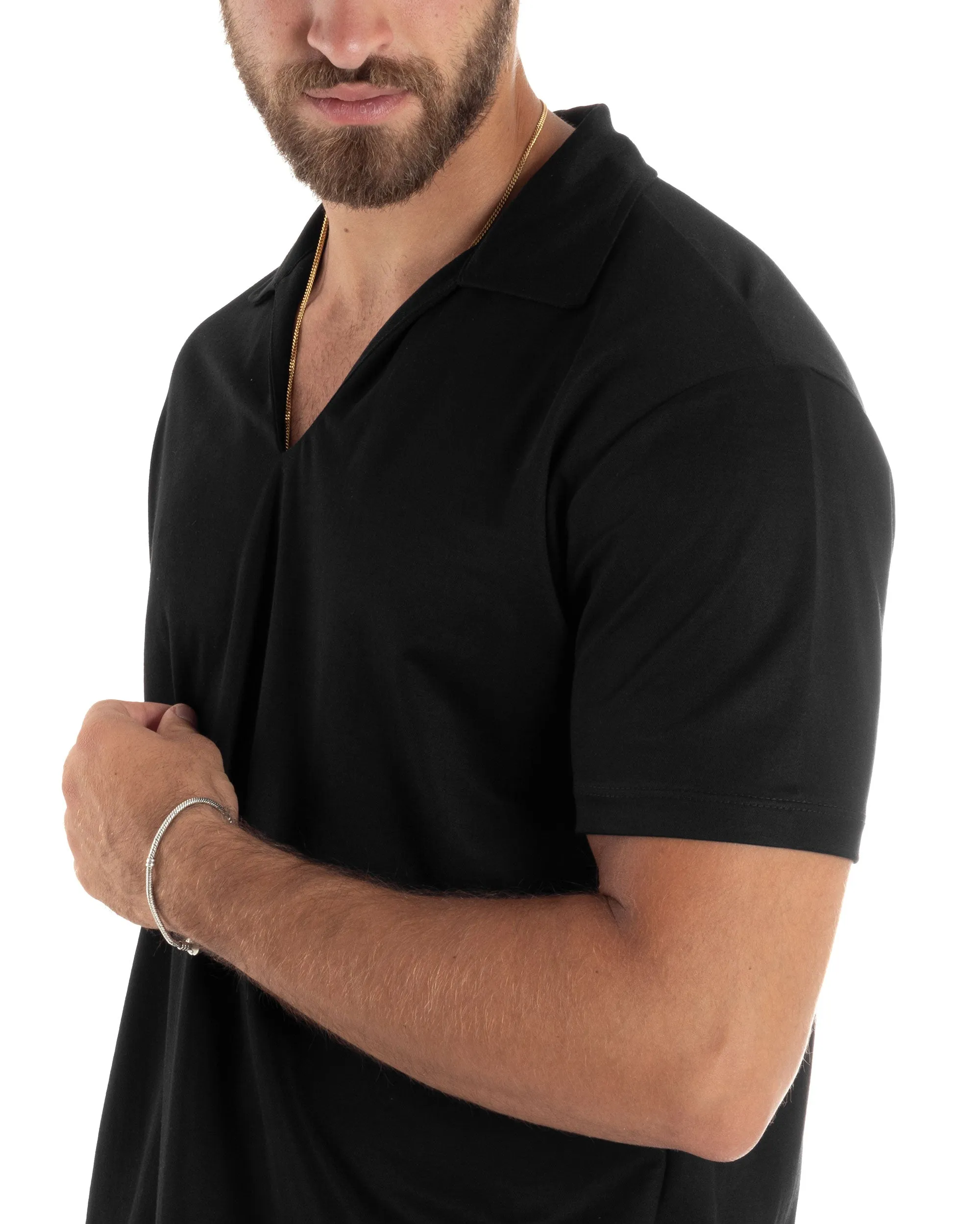 Polo Mezze Maniche Uomo Basic Scollo A V T-Shirt Con Colletto Tinta Unita Nero GIOSAL-TS3068A