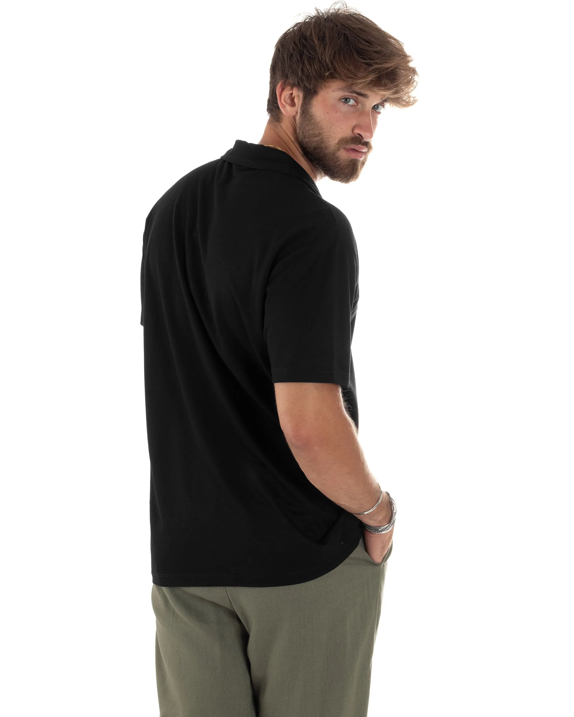 Polo Mezze Maniche Uomo Basic Scollo A V T-Shirt Con Colletto Tinta Unita Nero GIOSAL-TS3068A